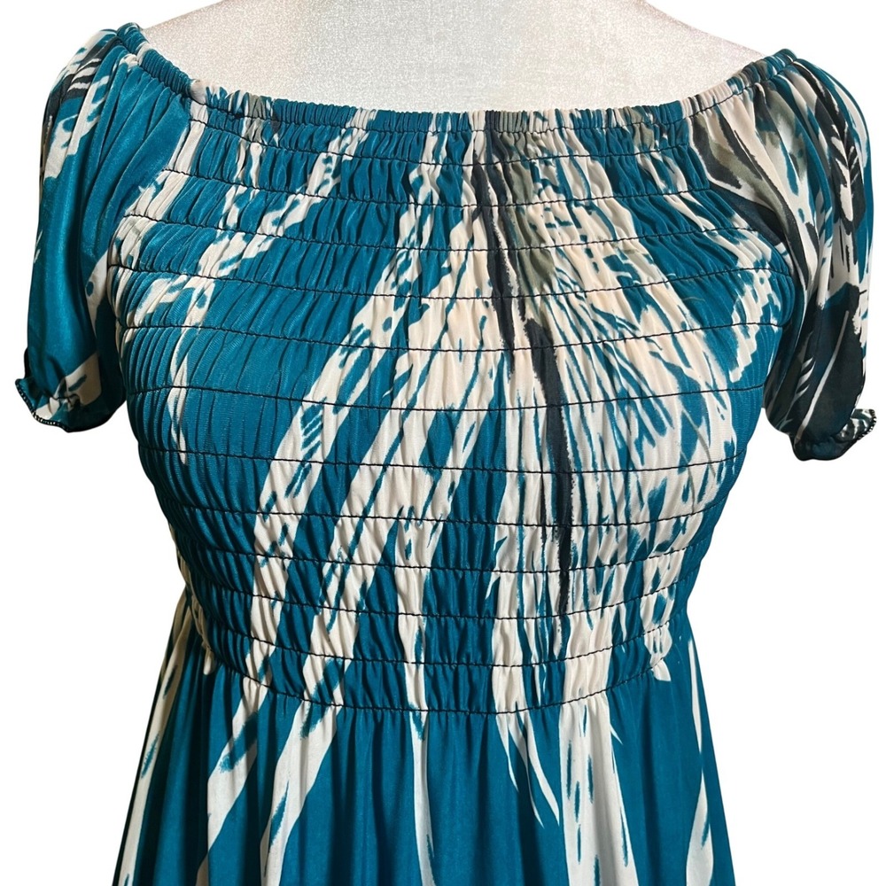 ❤️NWOT Teal Blue Maxi Dress Off Shoulder Short Sleeve Smocked Bohemian Medium - Picture 6 of 8